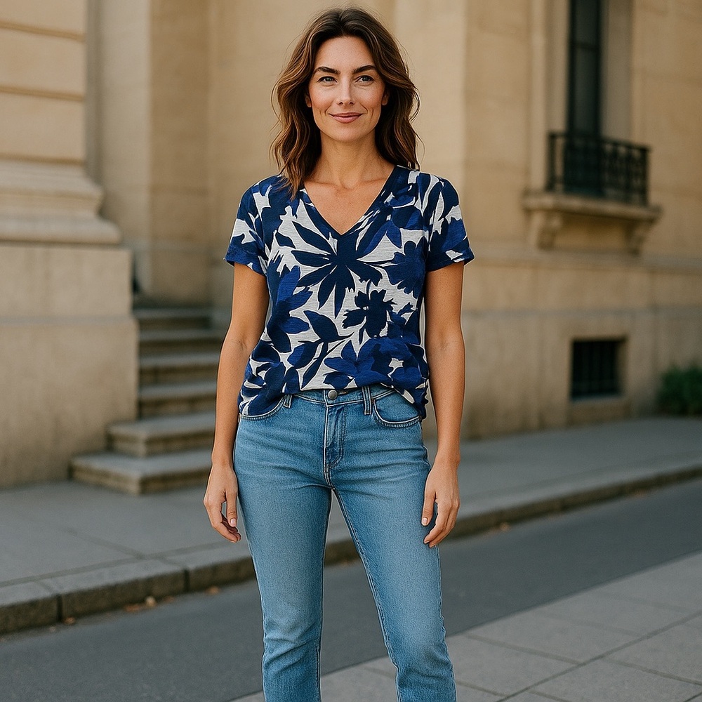 Anthropologie Blue and White Floral Short Sleeve Tee